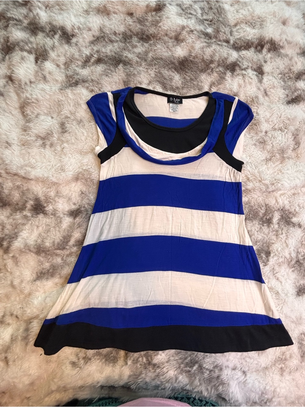 Y2K Royal Blue, White & Black Striped Short-Sleeve Scoop Neck Top